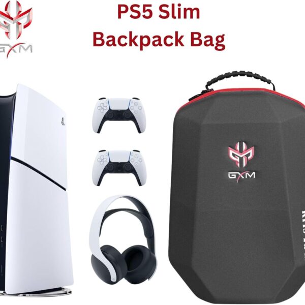 GXM PlayStation 5 Slim Carrying Backpack, Polyester & EPE Material, Canvas Shell, Shockproof, Durable, Dustproof Travel Case for PS5 Slim Console, Controllers, Game Disc, HDMI, and Accessories, Black