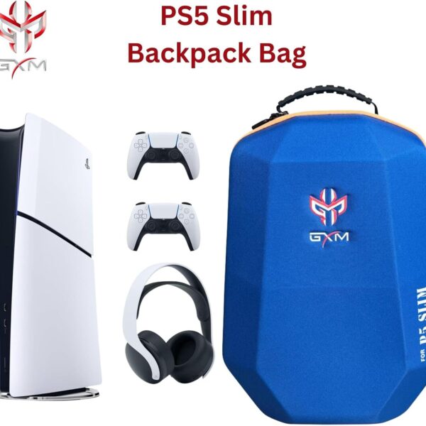 GXM PlayStation 5 Slim Carrying Backpack, Polyester & EPE Material, Canvas Shell, Shockproof, Durable, Dustproof Travel Case for PS5 Slim Console, Controllers, Game Disc, HDMI, and Accessories, Blue